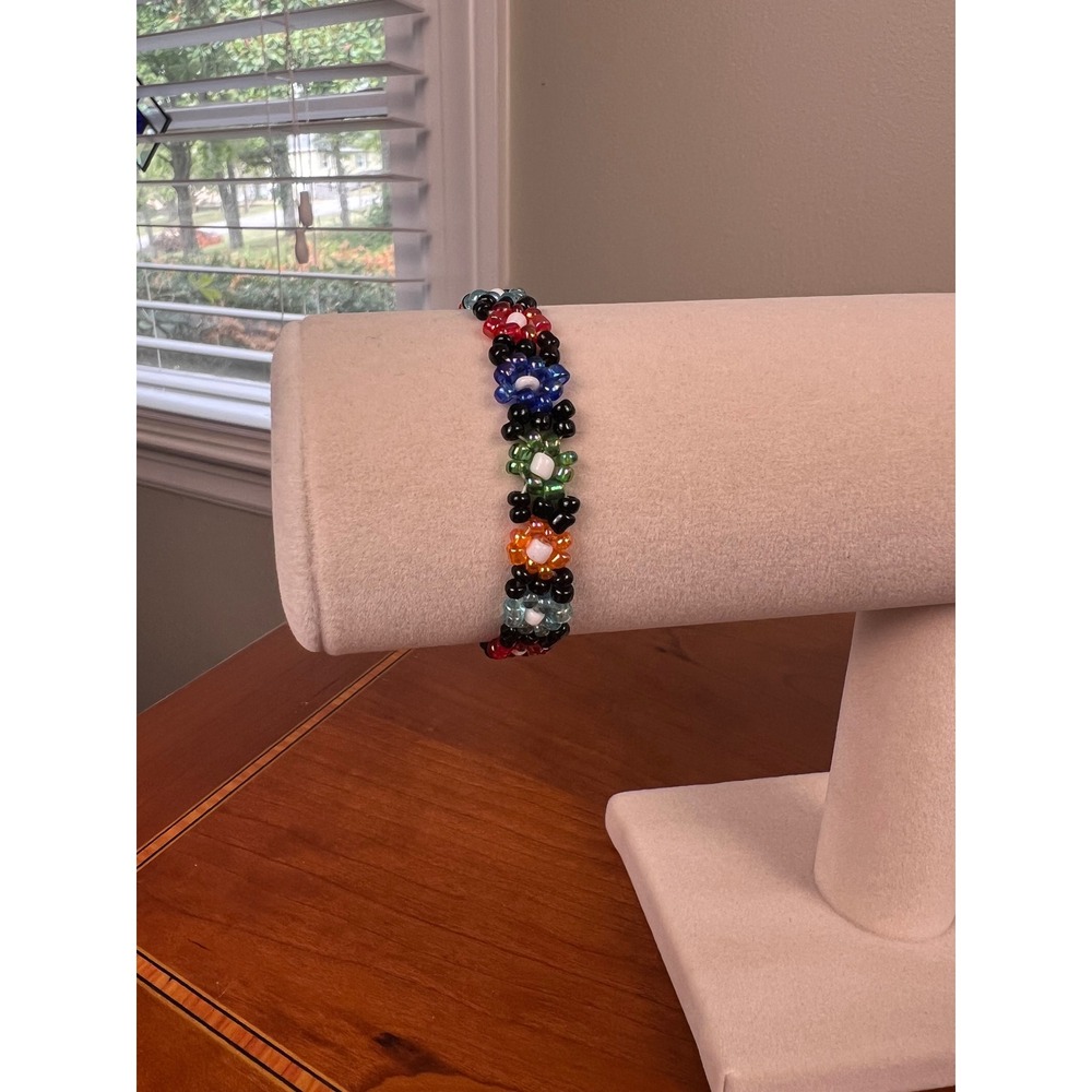 Handmade Beaded Daisy Chain Bracelet Rainbow Flower Elastic Stretch Y2K Boho